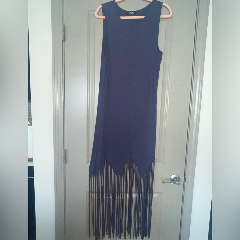 Fab’rik Sleeveless blue maxi dress with fringed bottom Size M